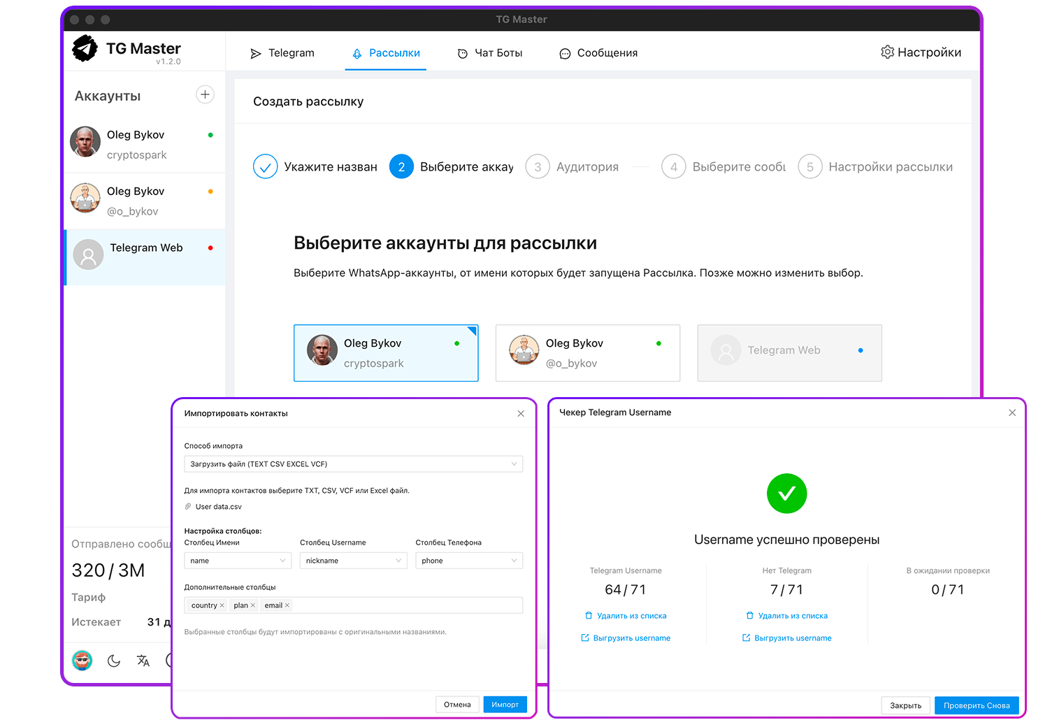 Скриншот панели управления TG Master